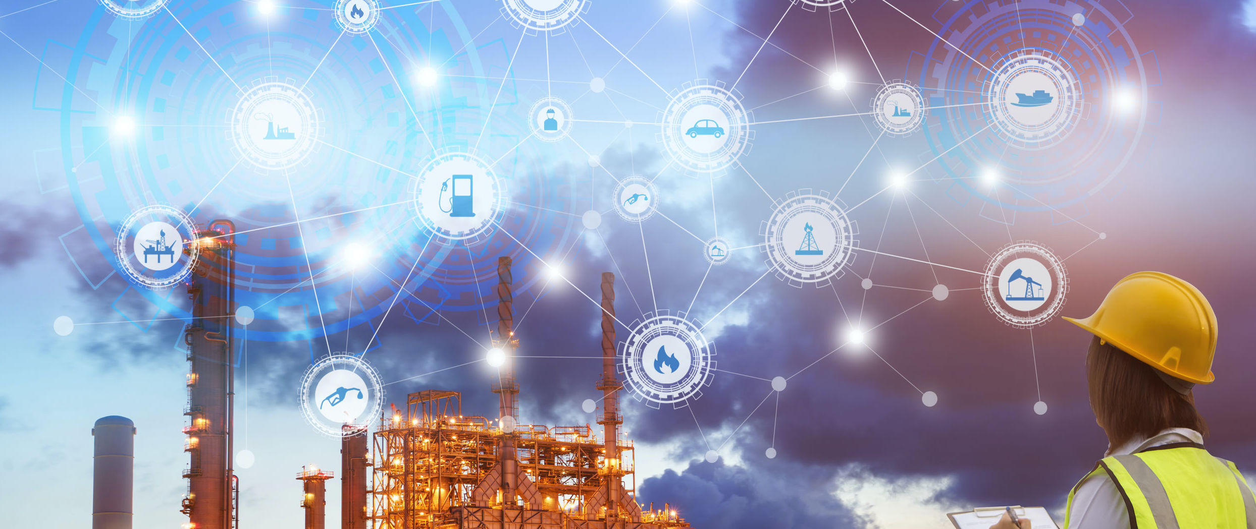 Industry 4.0 concept engineering use clipboard with checking and industrial icons on oil refinery industry sunset background.